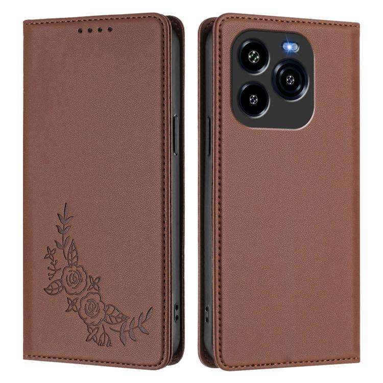 For Oukitel C65 / C65 Pro Peony Embossed Magnetic RFID Vegan Leather Phone Case(Brown)