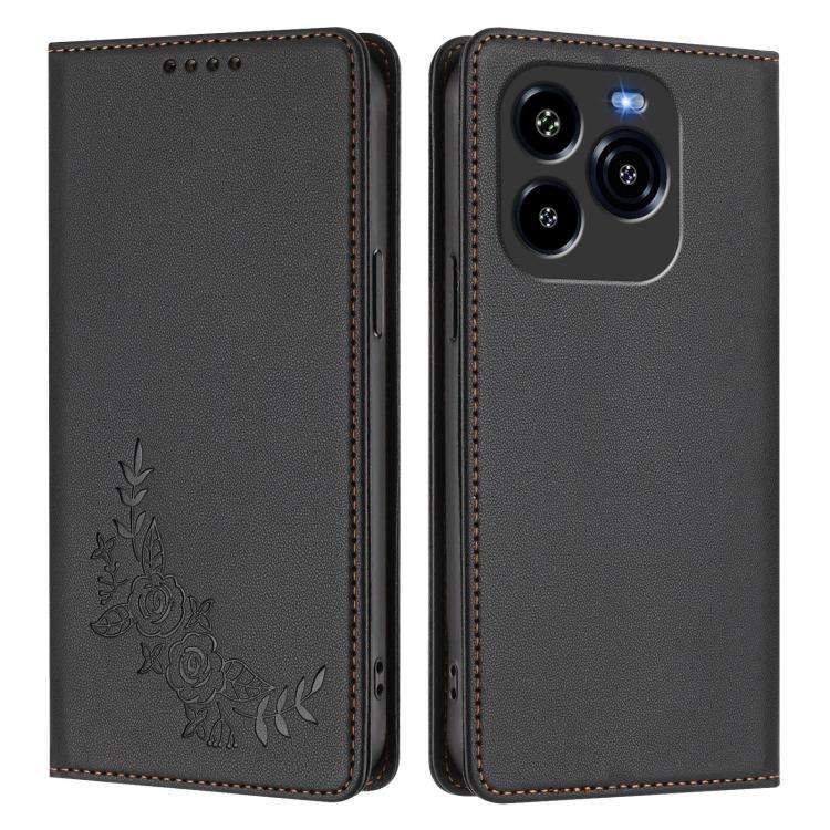 For Oukitel C65 / C65 Pro Peony Embossed Magnetic RFID Vegan Leather Phone Case(Black)