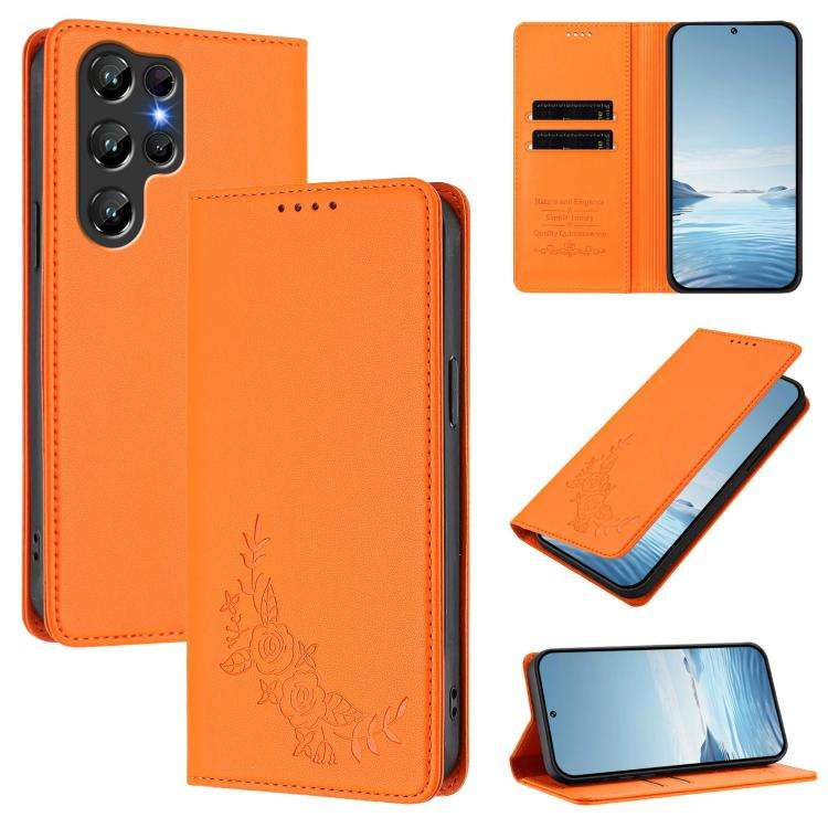 For Oukitel C61 /  C61 PRO Peony Embossed Magnetic RFID Vegan Leather Phone Case(Orange)