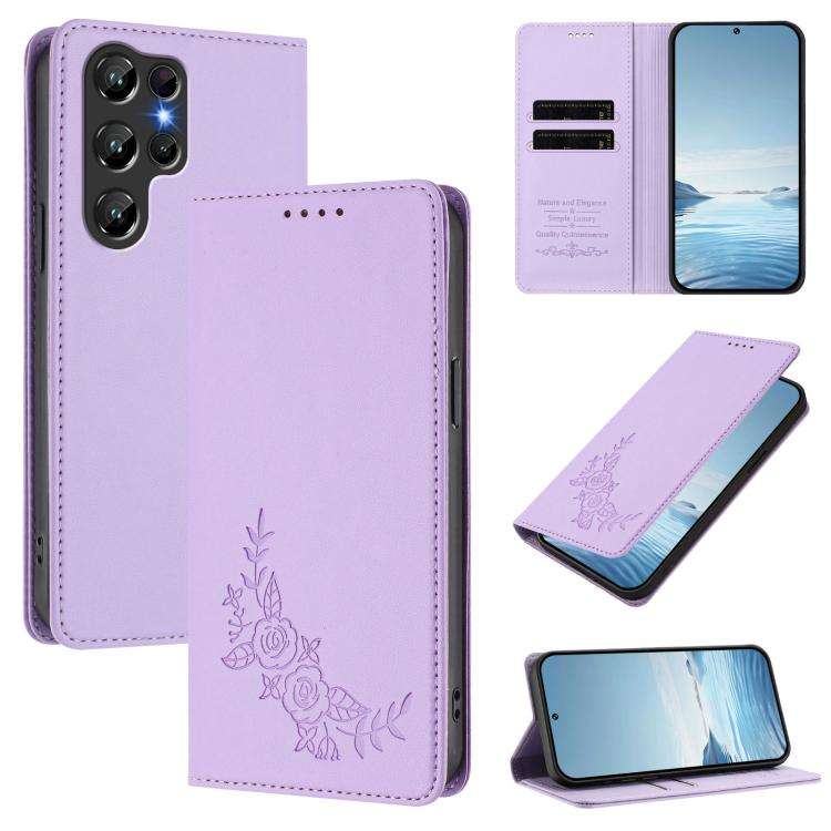 For Oukitel C61 /  C61 PRO Peony Embossed Magnetic RFID Vegan Leather Phone Case(Light Purple)