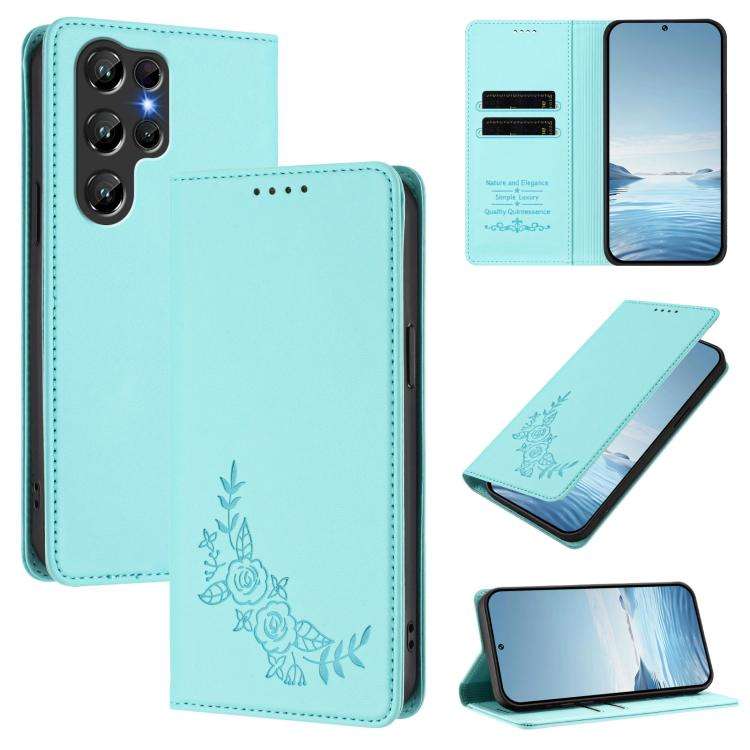 For Oukitel C61 /  C61 PRO Peony Embossed Magnetic RFID Vegan Leather Phone Case(Mint Green)