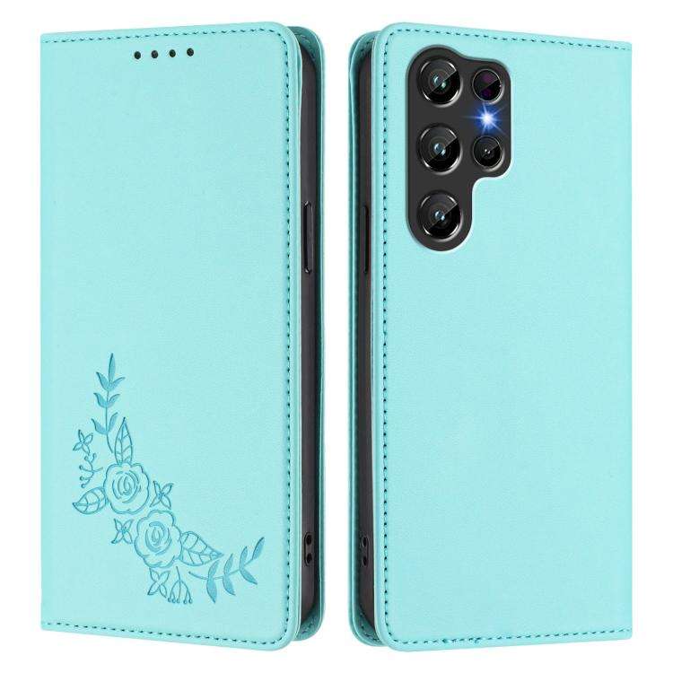 For Oukitel C61 /  C61 PRO Peony Embossed Magnetic RFID Vegan Leather Phone Case(Mint Green)