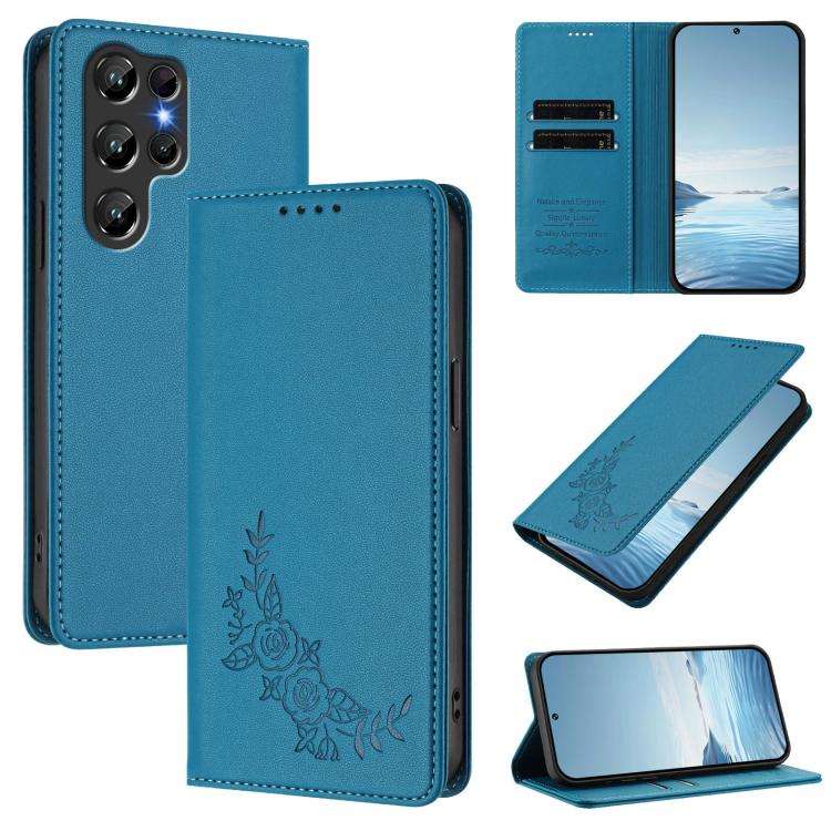 For Oukitel C61 /  C61 PRO Peony Embossed Magnetic RFID Vegan Leather Phone Case(Lake Blue)