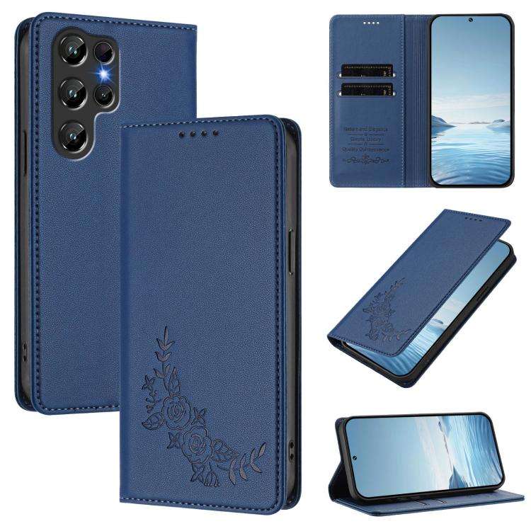 For Oukitel C61 /  C61 PRO Peony Embossed Magnetic RFID Vegan Leather Phone Case(Dark Blue)