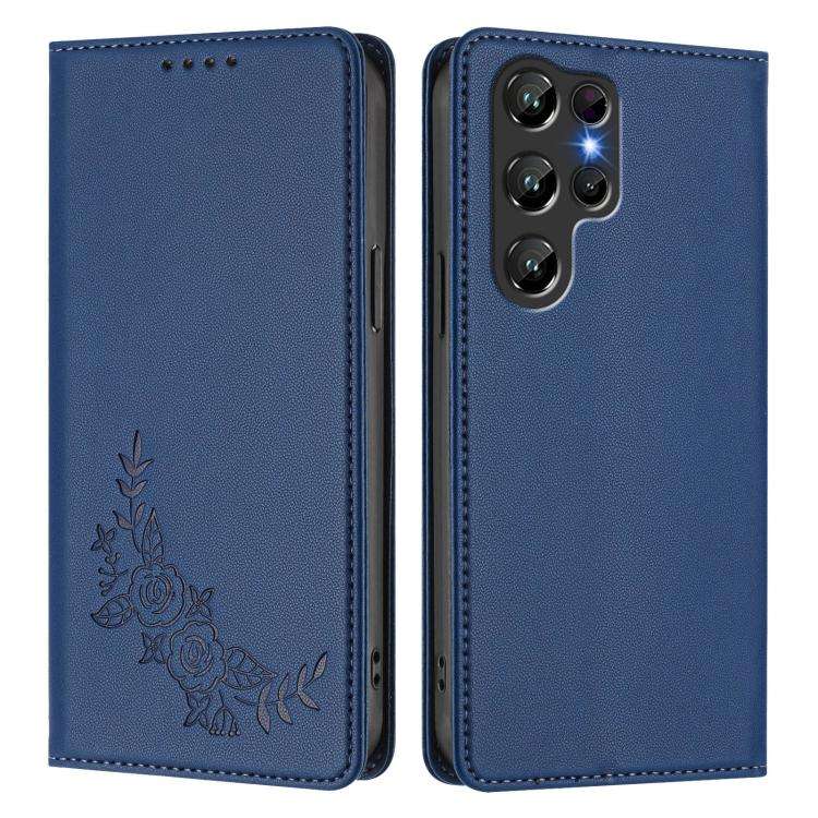 For Oukitel C61 /  C61 PRO Peony Embossed Magnetic RFID Vegan Leather Phone Case(Dark Blue)