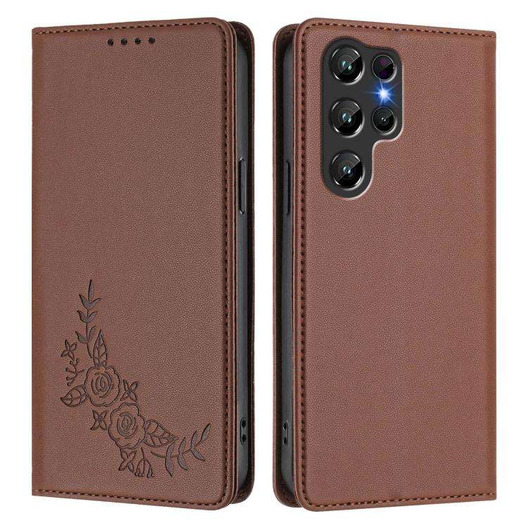 For Oukitel C61 /  C61 PRO Peony Embossed Magnetic RFID Vegan Leather Phone Case(Brown)