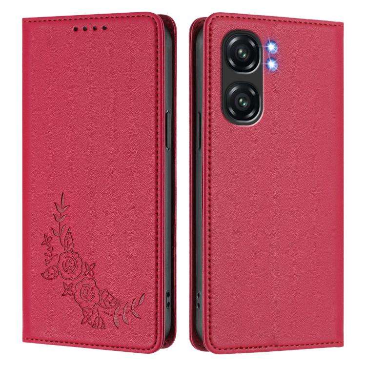 For Oukitel C58 / C58 Pro Peony Embossed Magnetic RFID Vegan Leather Phone Case(Red)