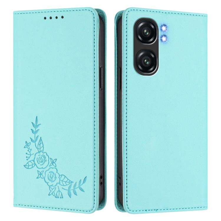 For Oukitel C58 / C58 Pro Peony Embossed Magnetic RFID Vegan Leather Phone Case(Mint Green)