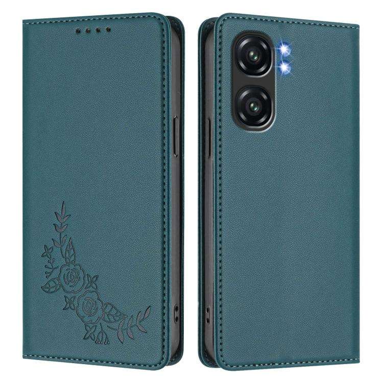 For Oukitel C58 / C58 Pro Peony Embossed Magnetic RFID Vegan Leather Phone Case(Peacock Green)