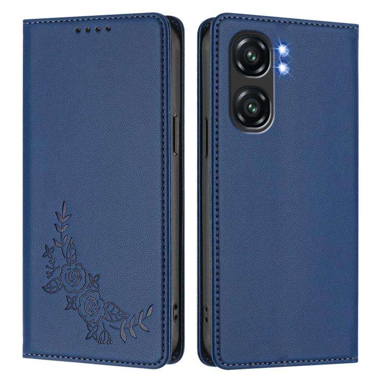 For Oukitel C58 / C58 Pro Peony Embossed Magnetic RFID Vegan Leather Phone Case(Dark Blue)