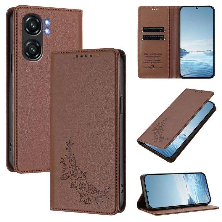 For Oukitel C58 / C58 Pro Peony Embossed Magnetic RFID Vegan Leather Phone Case(Brown)
