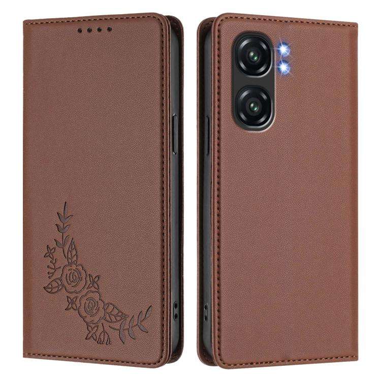 For Oukitel C58 / C58 Pro Peony Embossed Magnetic RFID Vegan Leather Phone Case(Brown)