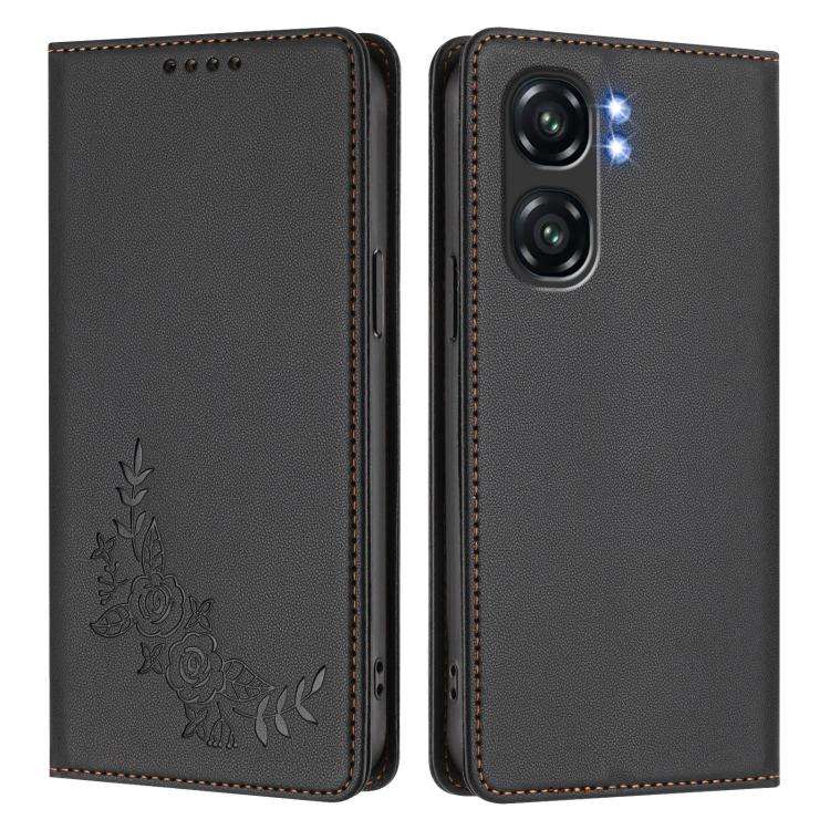 For Oukitel C58 / C58 Pro Peony Embossed Magnetic RFID Vegan Leather Phone Case(Black)