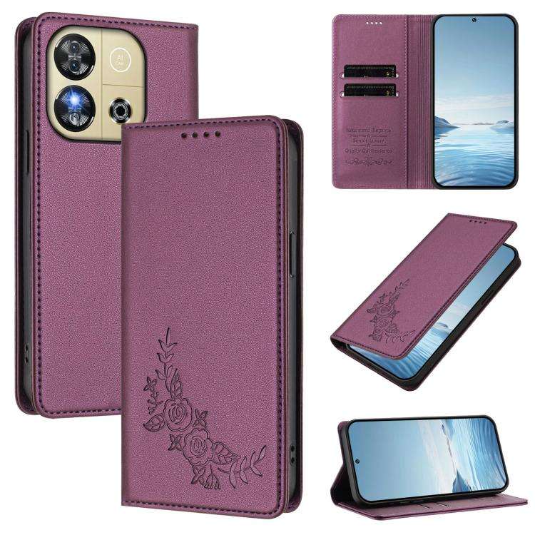 For Oukitel C57S / C57 Pro Peony Embossed Magnetic RFID Vegan Leather Phone Case(Violet Purple)