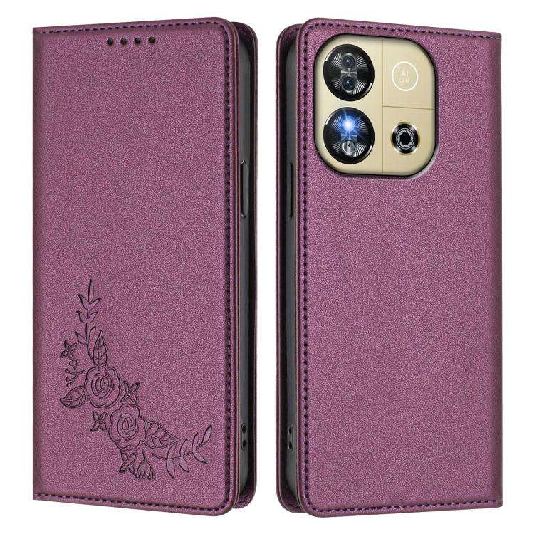 For Oukitel C57S / C57 Pro Peony Embossed Magnetic RFID Vegan Leather Phone Case(Violet Purple)