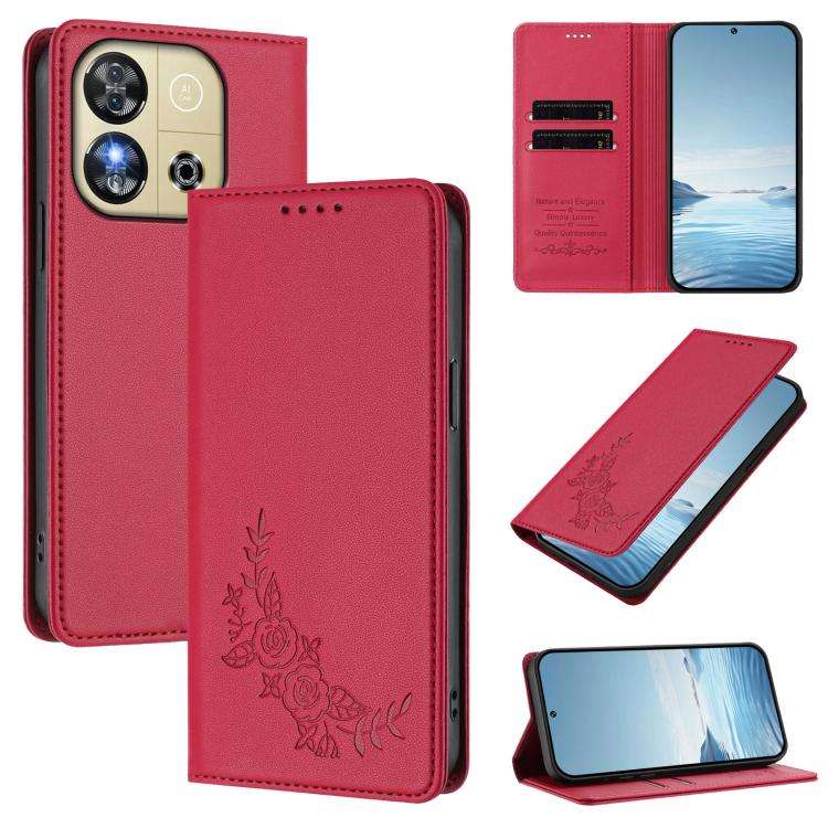 For Oukitel C57S / C57 Pro Peony Embossed Magnetic RFID Vegan Leather Phone Case(Red)