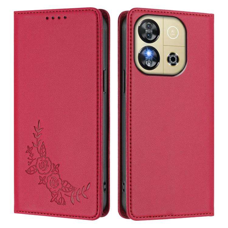 For Oukitel C57S / C57 Pro Peony Embossed Magnetic RFID Vegan Leather Phone Case(Red)