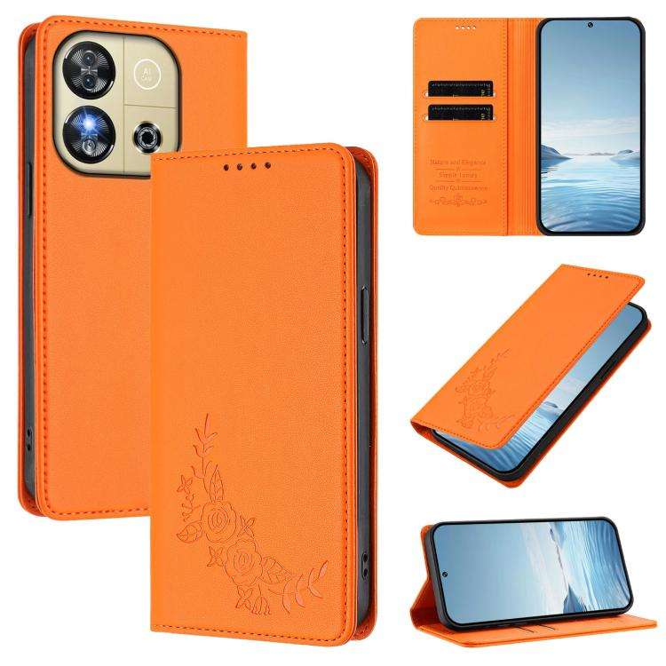 For Oukitel C57S / C57 Pro Peony Embossed Magnetic RFID Vegan Leather Phone Case(Orange)