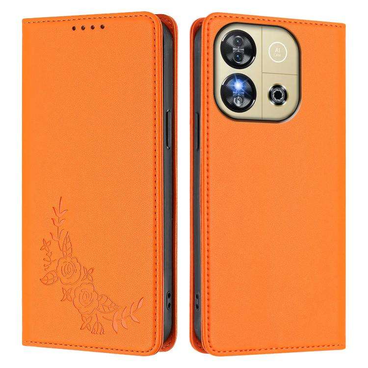 For Oukitel C57S / C57 Pro Peony Embossed Magnetic RFID Vegan Leather Phone Case(Orange)