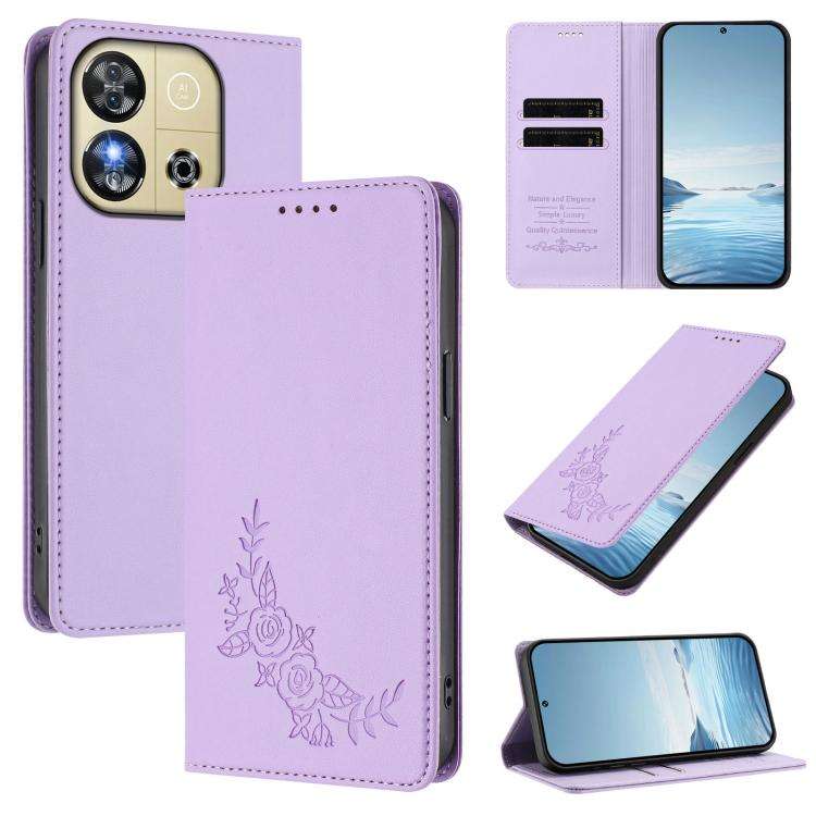 For Oukitel C57S / C57 Pro Peony Embossed Magnetic RFID Vegan Leather Phone Case(Light Purple)
