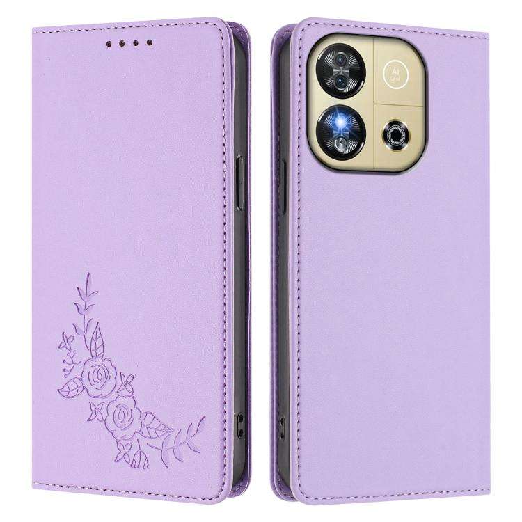 For Oukitel C57S / C57 Pro Peony Embossed Magnetic RFID Vegan Leather Phone Case(Light Purple)