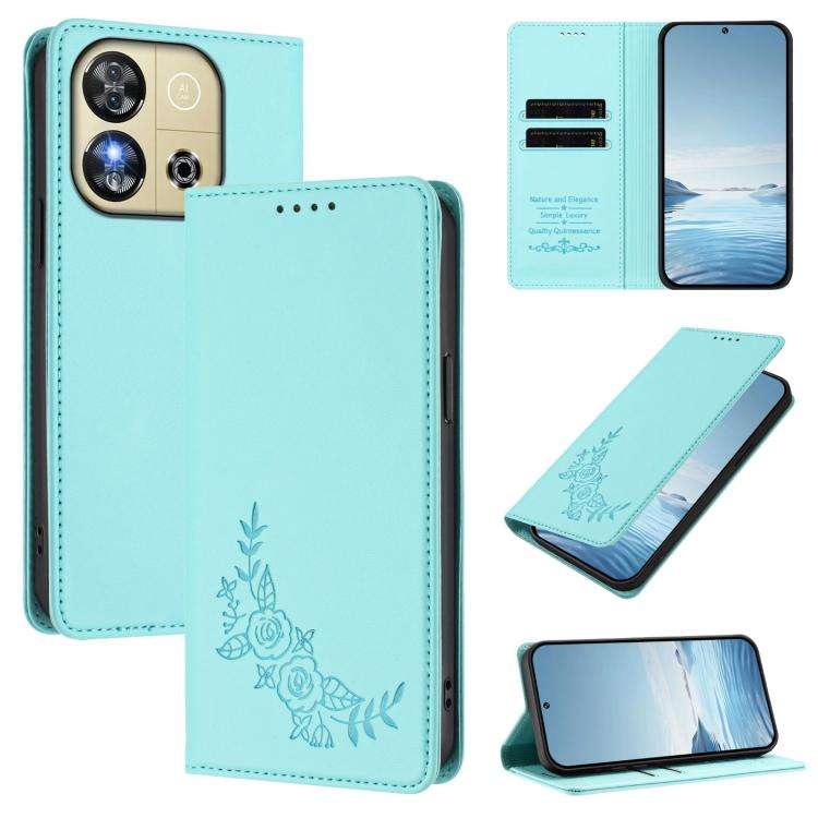 For Oukitel C57S / C57 Pro Peony Embossed Magnetic RFID Vegan Leather Phone Case(Mint Green)