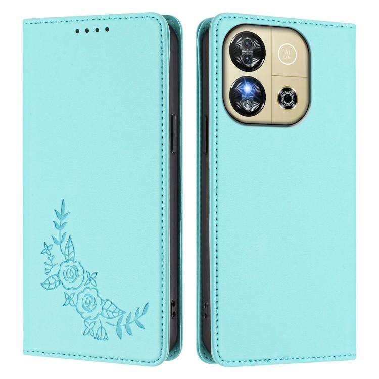 For Oukitel C57S / C57 Pro Peony Embossed Magnetic RFID Vegan Leather Phone Case(Mint Green)
