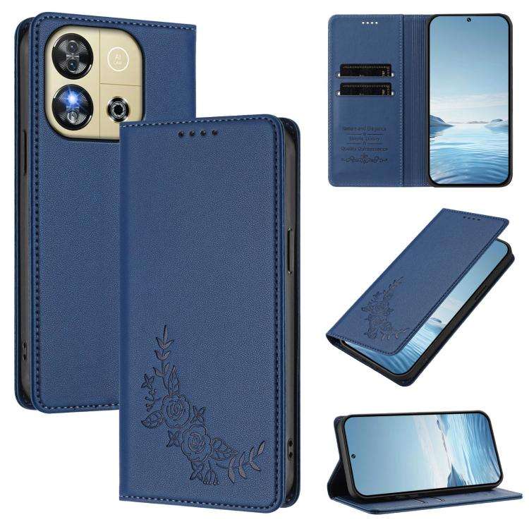 For Oukitel C57S / C57 Pro Peony Embossed Magnetic RFID Vegan Leather Phone Case(Dark Blue)