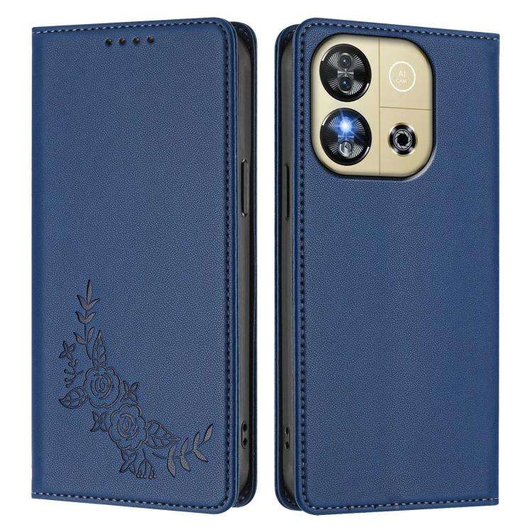 For Oukitel C57S / C57 Pro Peony Embossed Magnetic RFID Vegan Leather Phone Case(Dark Blue)