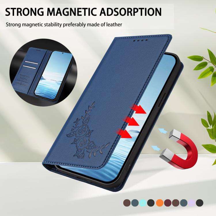 For Oukitel C57S / C57 Pro Peony Embossed Magnetic RFID Vegan Leather Phone Case(Dark Blue)