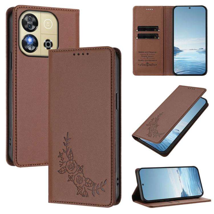For Oukitel C57S / C57 Pro Peony Embossed Magnetic RFID Vegan Leather Phone Case(Brown)