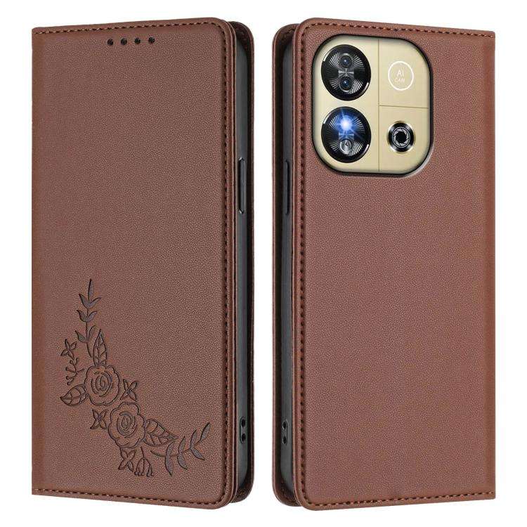 For Oukitel C57S / C57 Pro Peony Embossed Magnetic RFID Vegan Leather Phone Case(Brown)