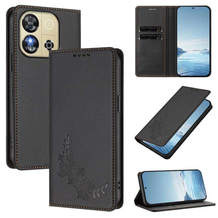 For Oukitel C57S / C57 Pro Peony Embossed Magnetic RFID Vegan Leather Phone Case(Black)