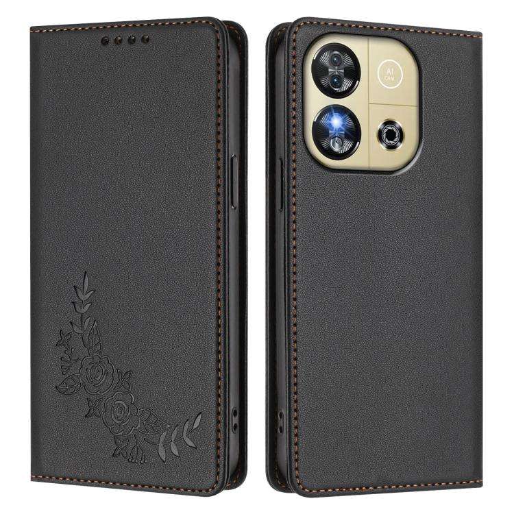 For Oukitel C57S / C57 Pro Peony Embossed Magnetic RFID Vegan Leather Phone Case(Black)