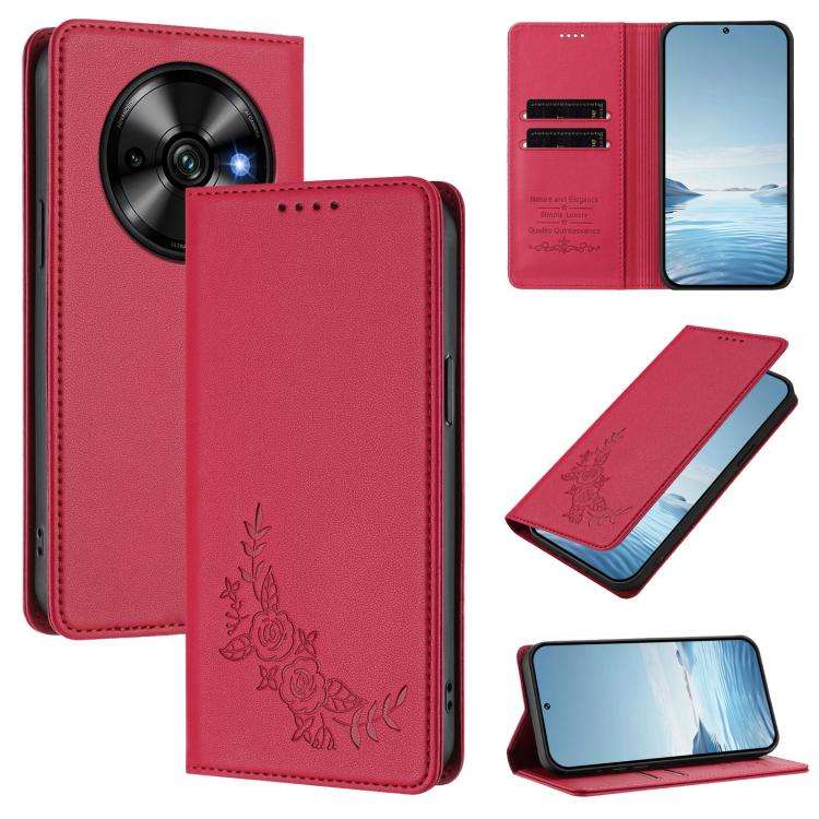 For Oukitel C59 / C59 Pro Peony Embossed Magnetic RFID Vegan Leather Phone Case(Red)
