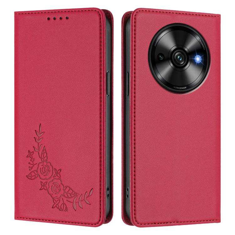 For Oukitel C59 / C59 Pro Peony Embossed Magnetic RFID Vegan Leather Phone Case(Red)