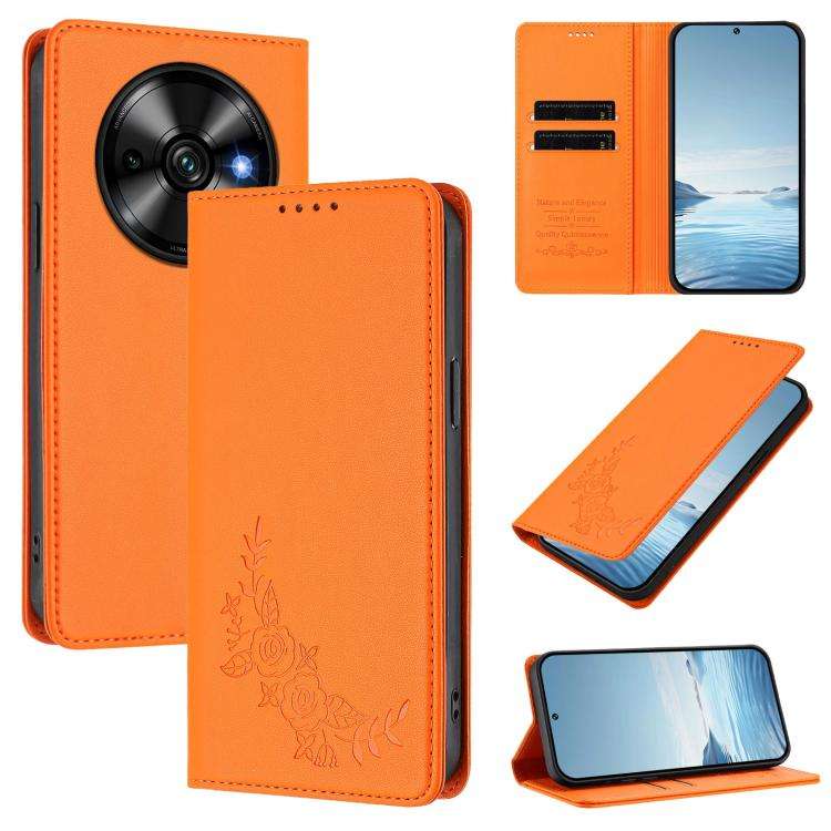 For Oukitel C59 / C59 Pro Peony Embossed Magnetic RFID Vegan Leather Phone Case(Orange)