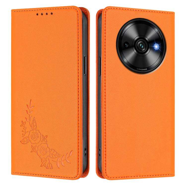 For Oukitel C59 / C59 Pro Peony Embossed Magnetic RFID Vegan Leather Phone Case(Orange)