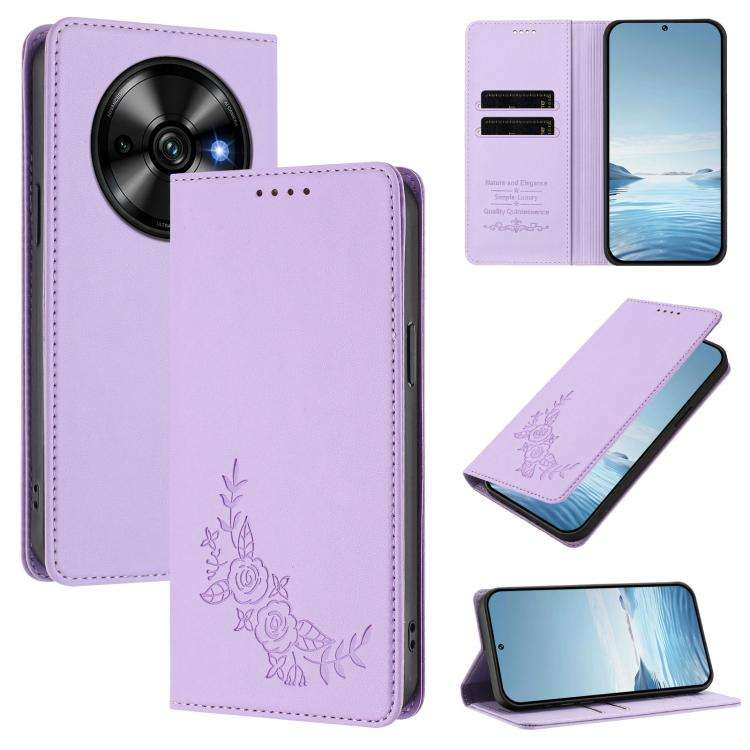 For Oukitel C59 / C59 Pro Peony Embossed Magnetic RFID Vegan Leather Phone Case(Light Purple)