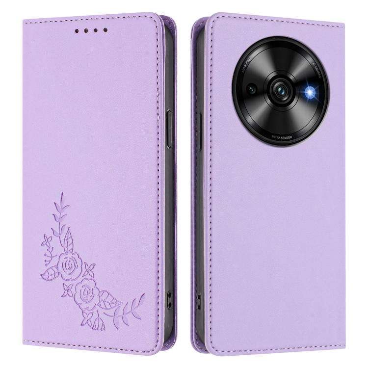 For Oukitel C59 / C59 Pro Peony Embossed Magnetic RFID Vegan Leather Phone Case(Light Purple)