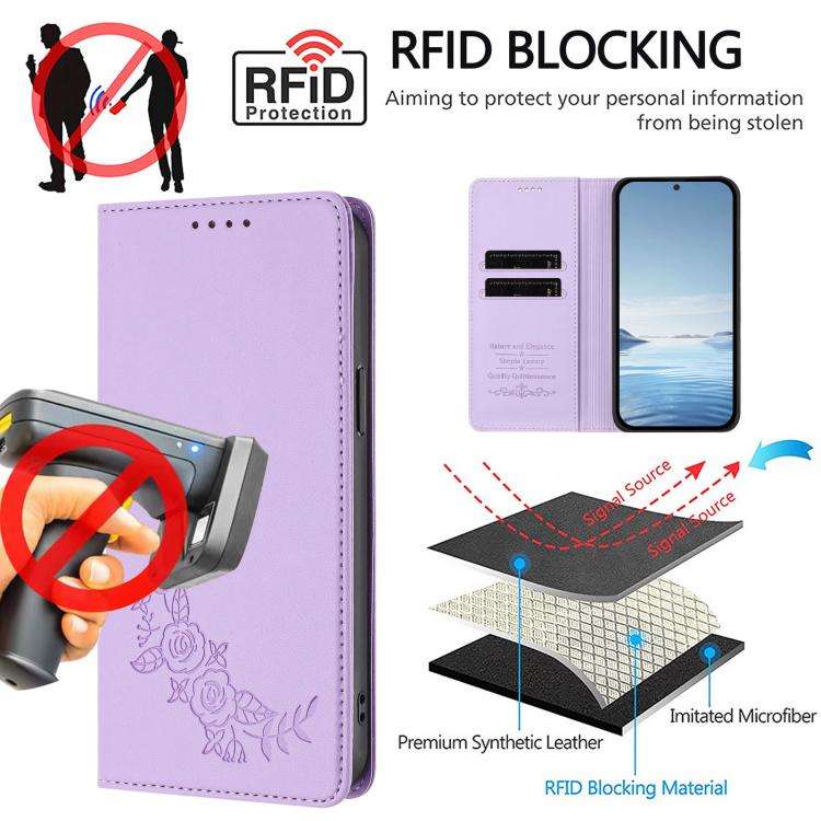 For Oukitel C59 / C59 Pro Peony Embossed Magnetic RFID Vegan Leather Phone Case(Light Purple)