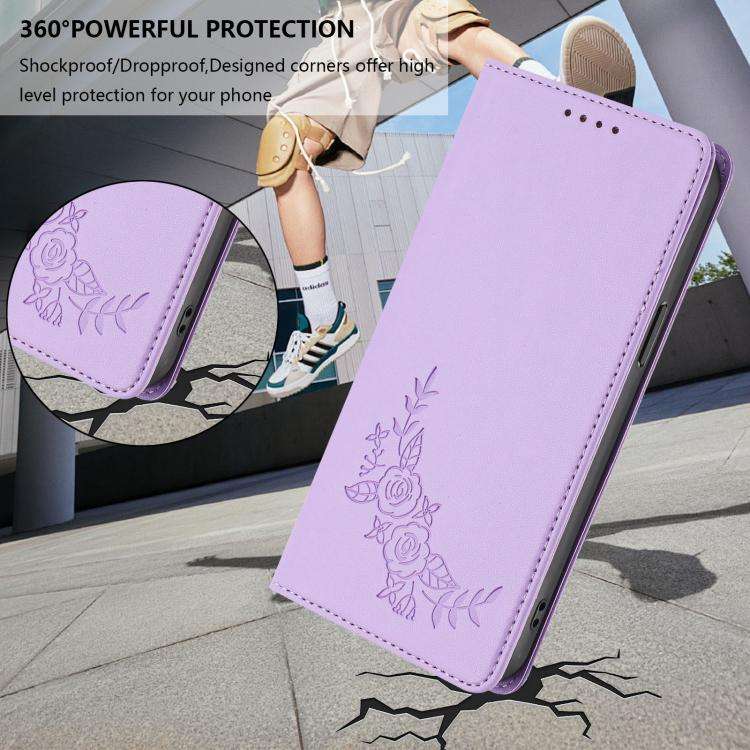 For Oukitel C59 / C59 Pro Peony Embossed Magnetic RFID Vegan Leather Phone Case(Light Purple)