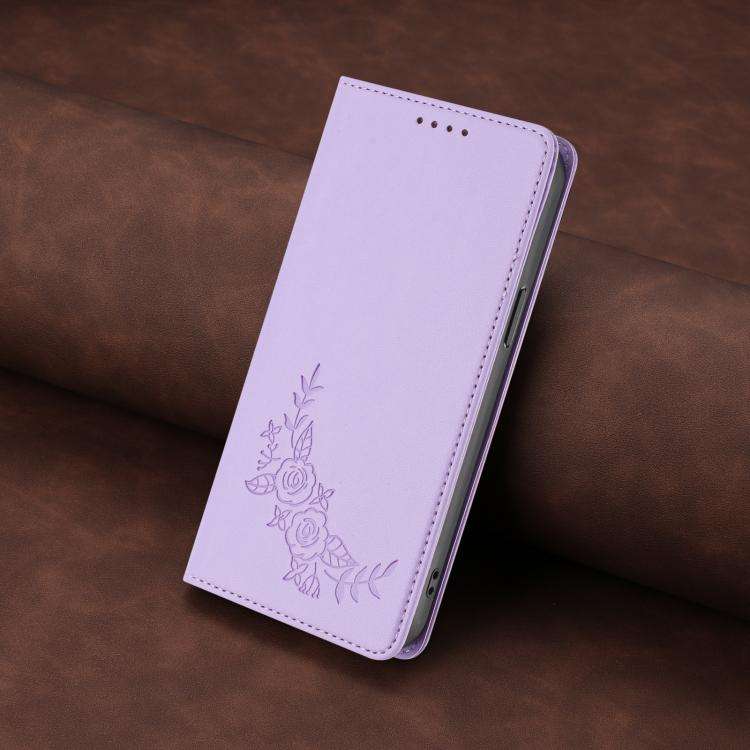 For Oukitel C59 / C59 Pro Peony Embossed Magnetic RFID Vegan Leather Phone Case(Light Purple)