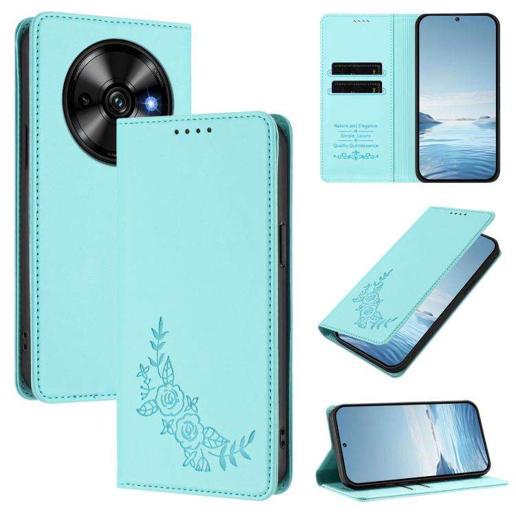 For Oukitel C59 / C59 Pro Peony Embossed Magnetic RFID Vegan Leather Phone Case(Mint Green)