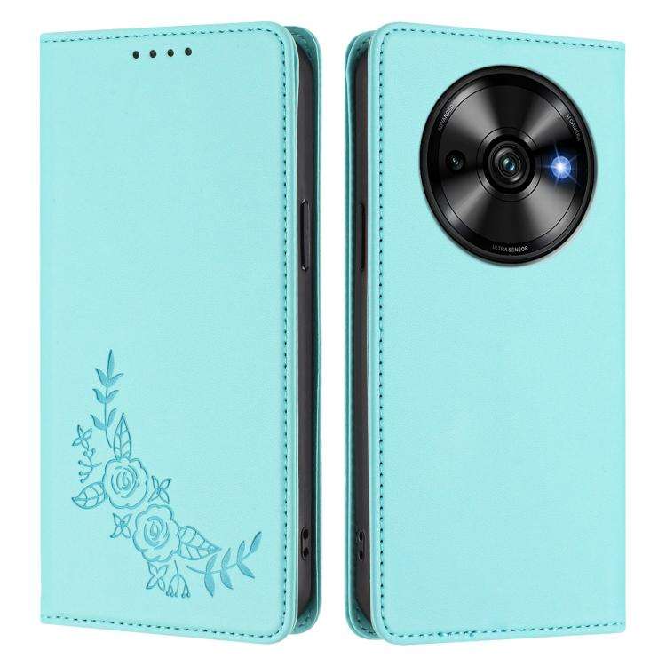 For Oukitel C59 / C59 Pro Peony Embossed Magnetic RFID Vegan Leather Phone Case(Mint Green)