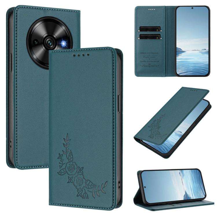 For Oukitel C59 / C59 Pro Peony Embossed Magnetic RFID Vegan Leather Phone Case(Peacock Green)
