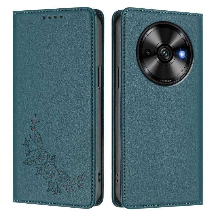 For Oukitel C59 / C59 Pro Peony Embossed Magnetic RFID Vegan Leather Phone Case(Peacock Green)