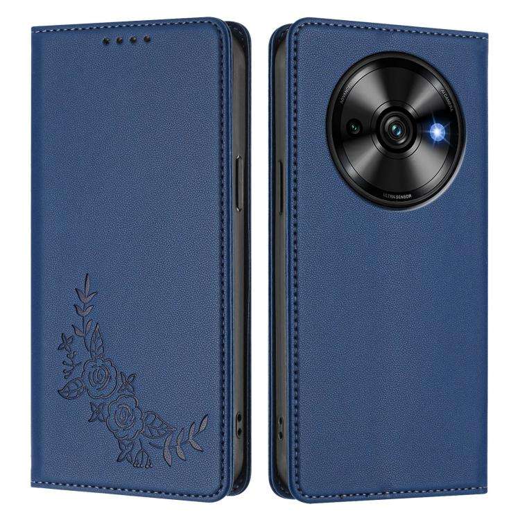 For Oukitel C59 / C59 Pro Peony Embossed Magnetic RFID Vegan Leather Phone Case(Dark Blue)