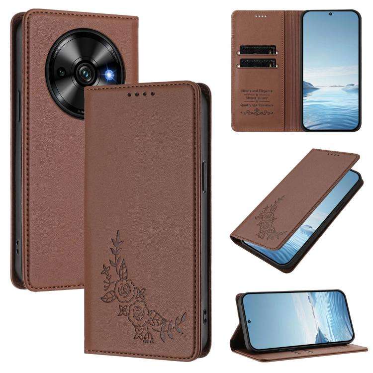 For Oukitel C59 / C59 Pro Peony Embossed Magnetic RFID Vegan Leather Phone Case(Brown)