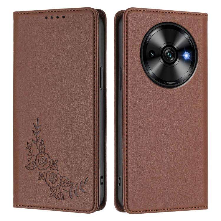 For Oukitel C59 / C59 Pro Peony Embossed Magnetic RFID Vegan Leather Phone Case(Brown)